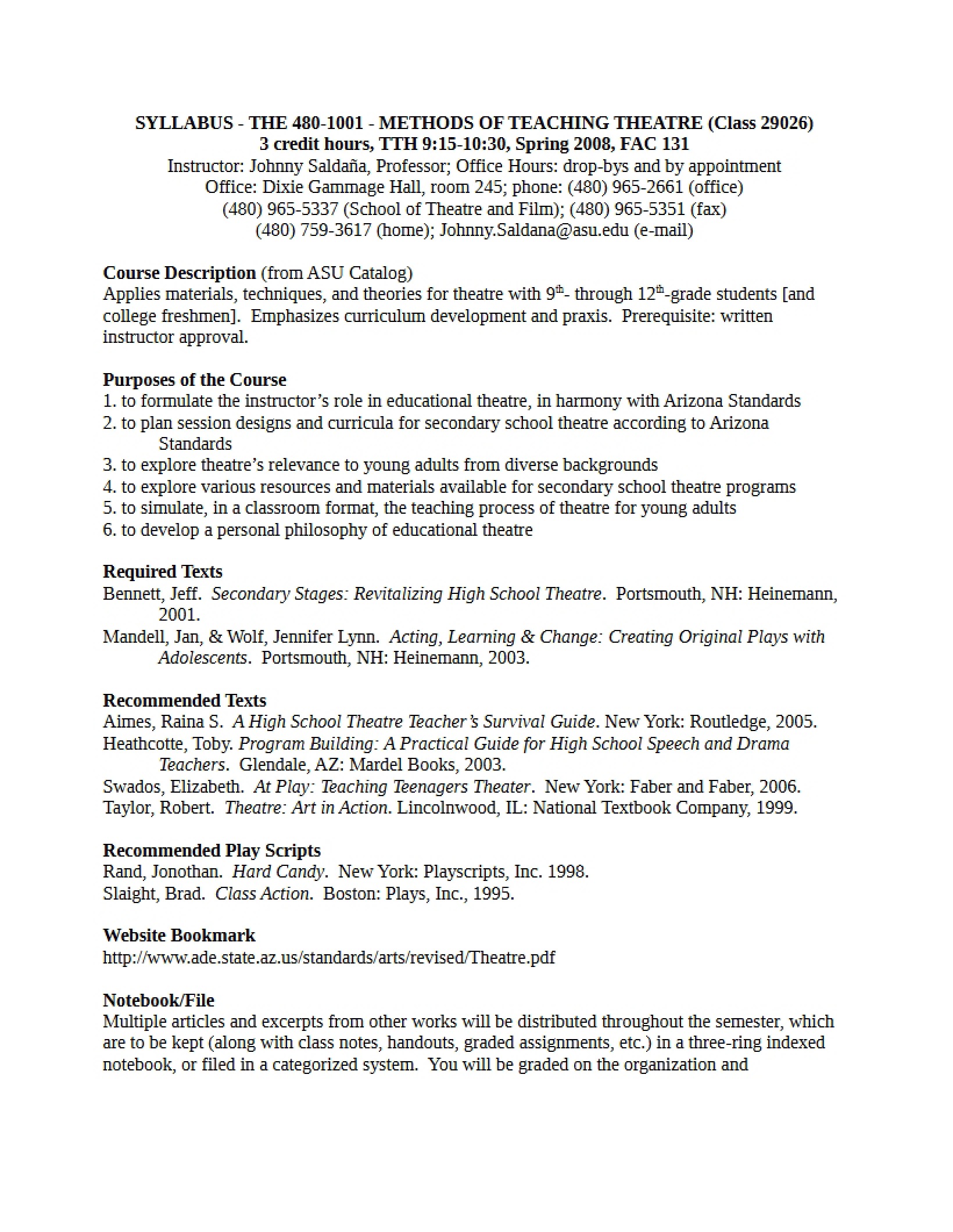 Teaching Theatre Methods Syllabus