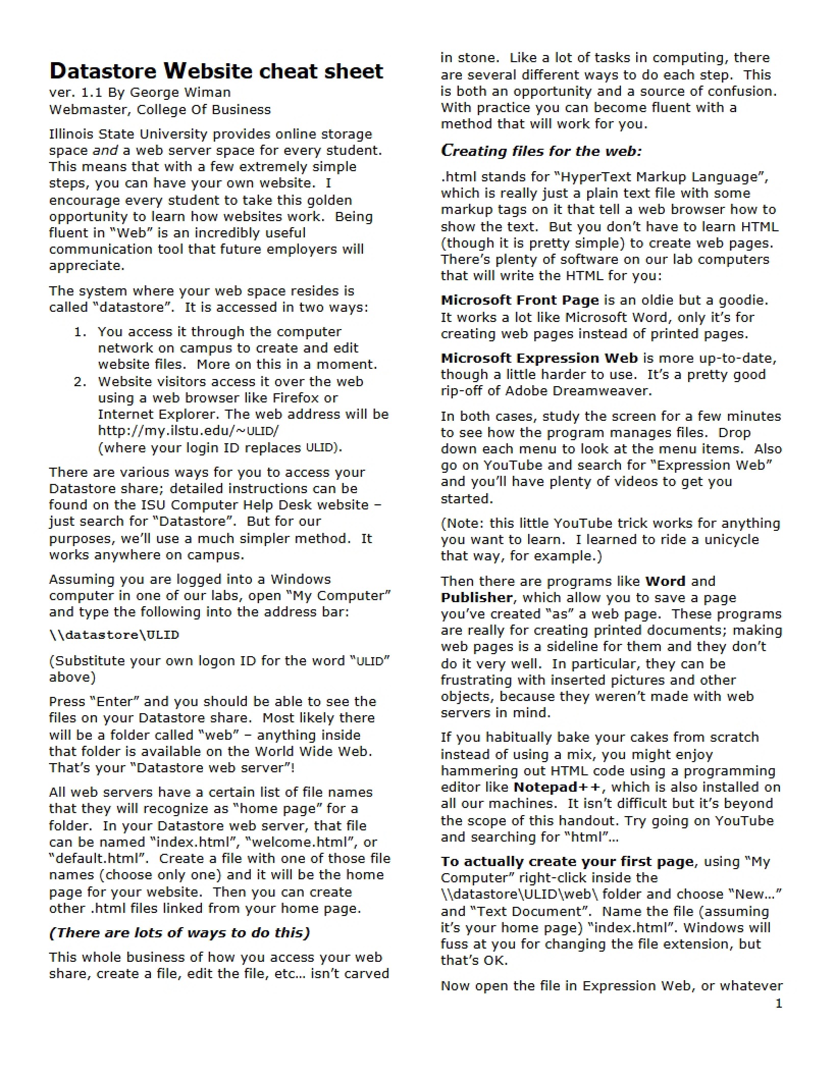 Cheat Sheet for Datastore Website