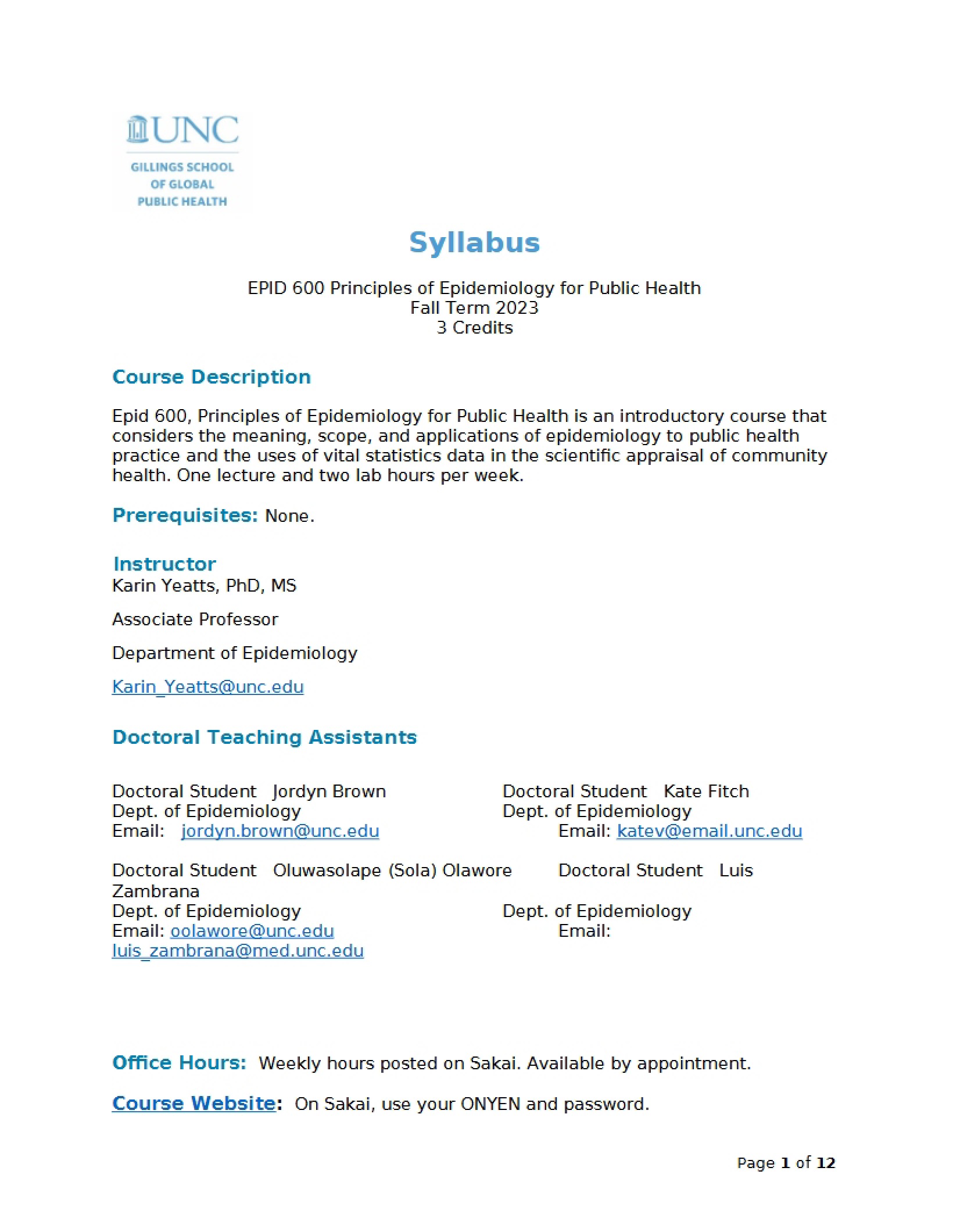 Epidemiology Principles Syllabus