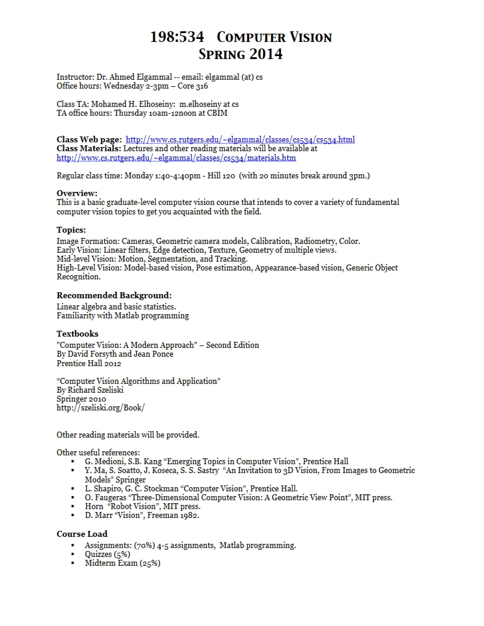 Computer Vision Syllabus