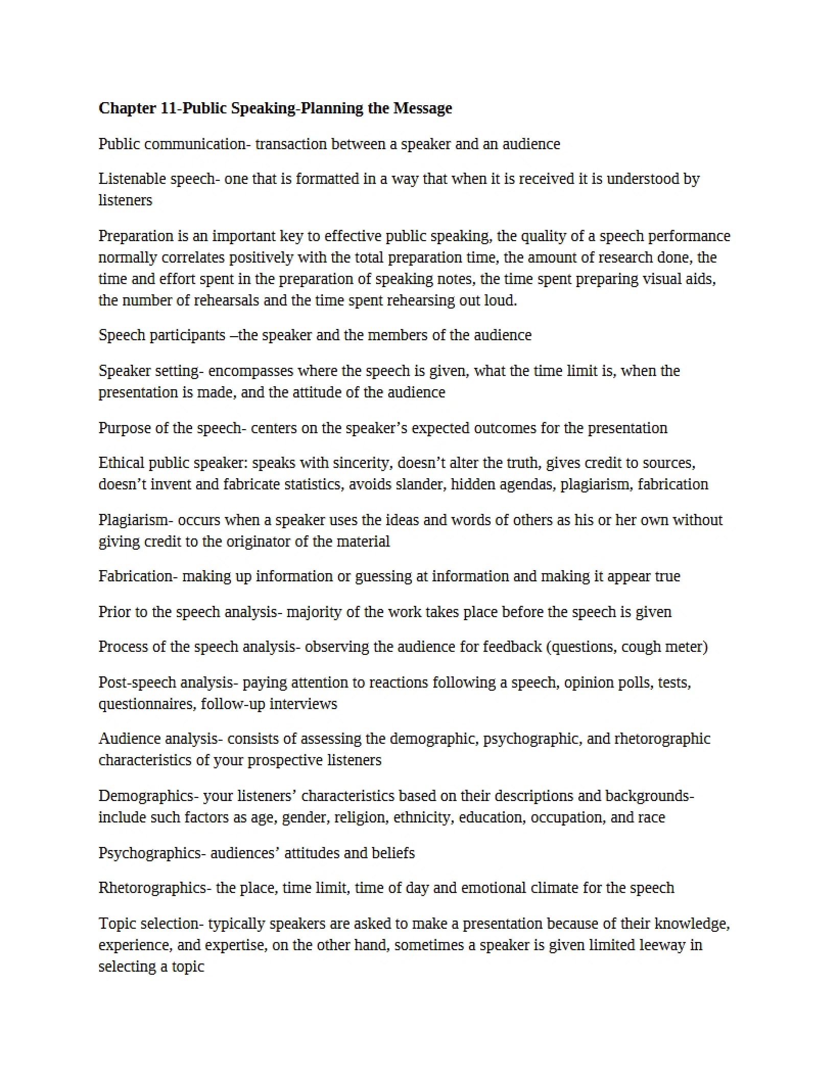 Planning the Message in Public Speaking - Chapter 11