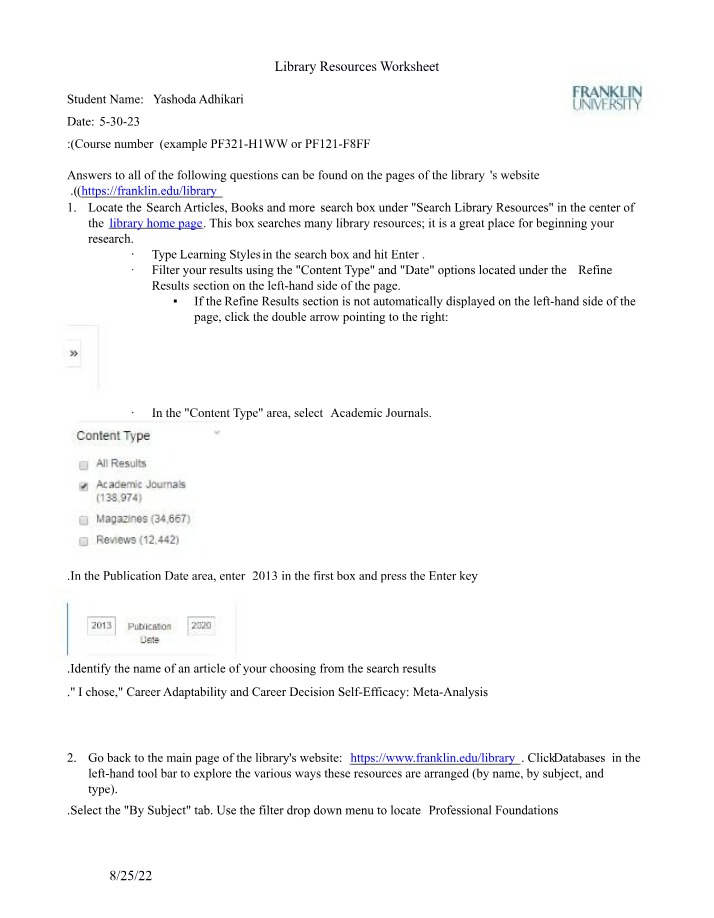 Worksheet for Library Resources