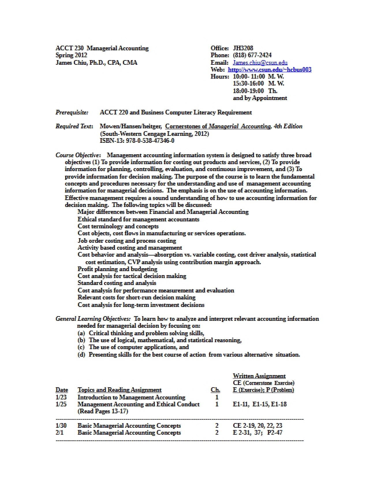 Managerial Accounting Syllabus Variation 1