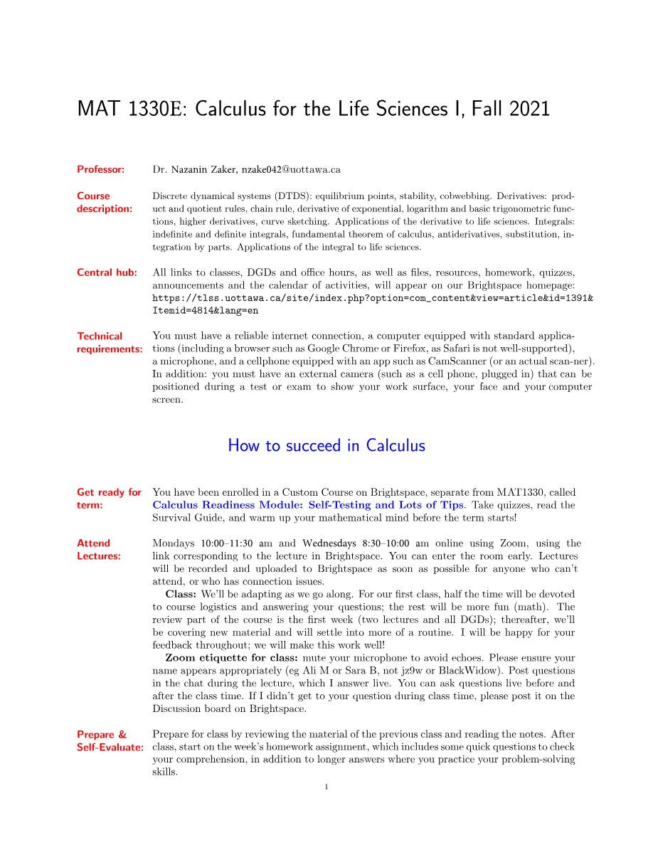 Fall 2021 Calculus for the Life Sciences I - MAT 1330E