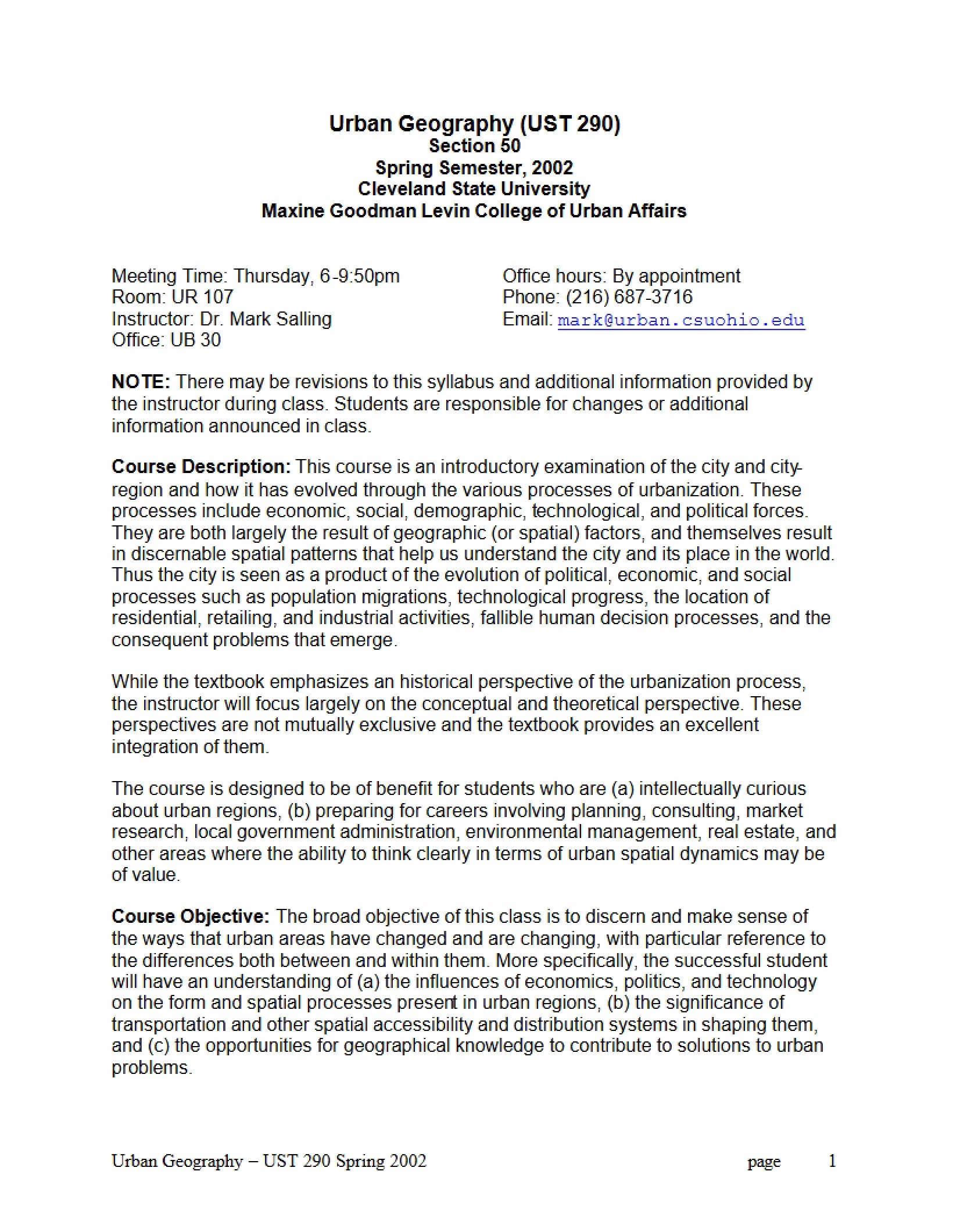 Syllabus Urban Geography