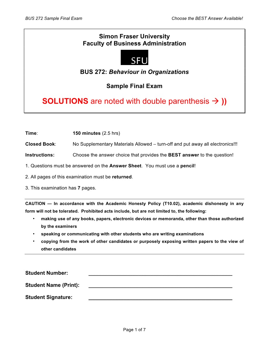 BUS 272 Sample Final Exam A