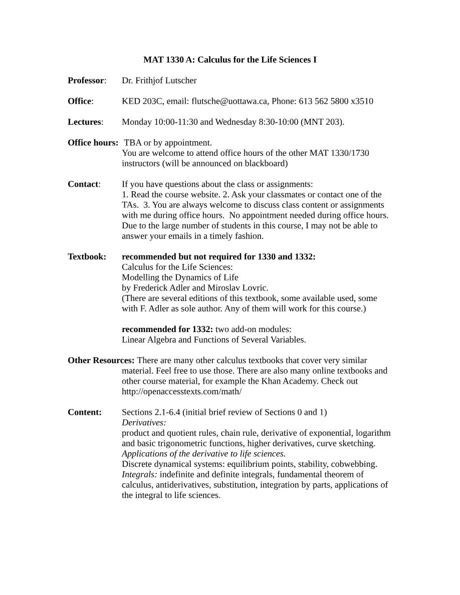 Syllabus for MAT 1330 - Calculus for the Life Sciences I