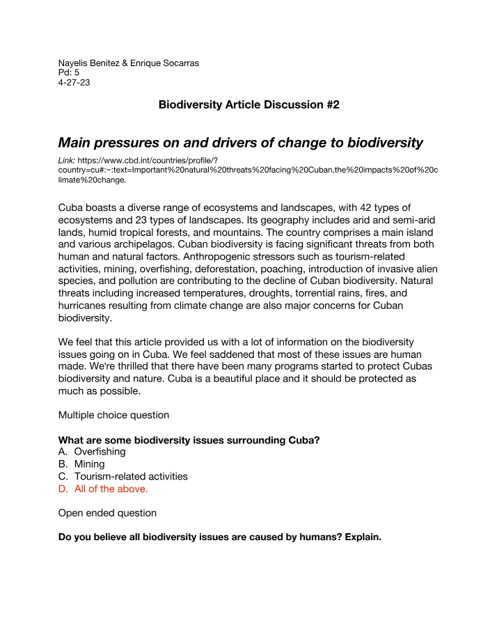 Cuban Biodiversity - Main Pressures from Human Factors and Climate
