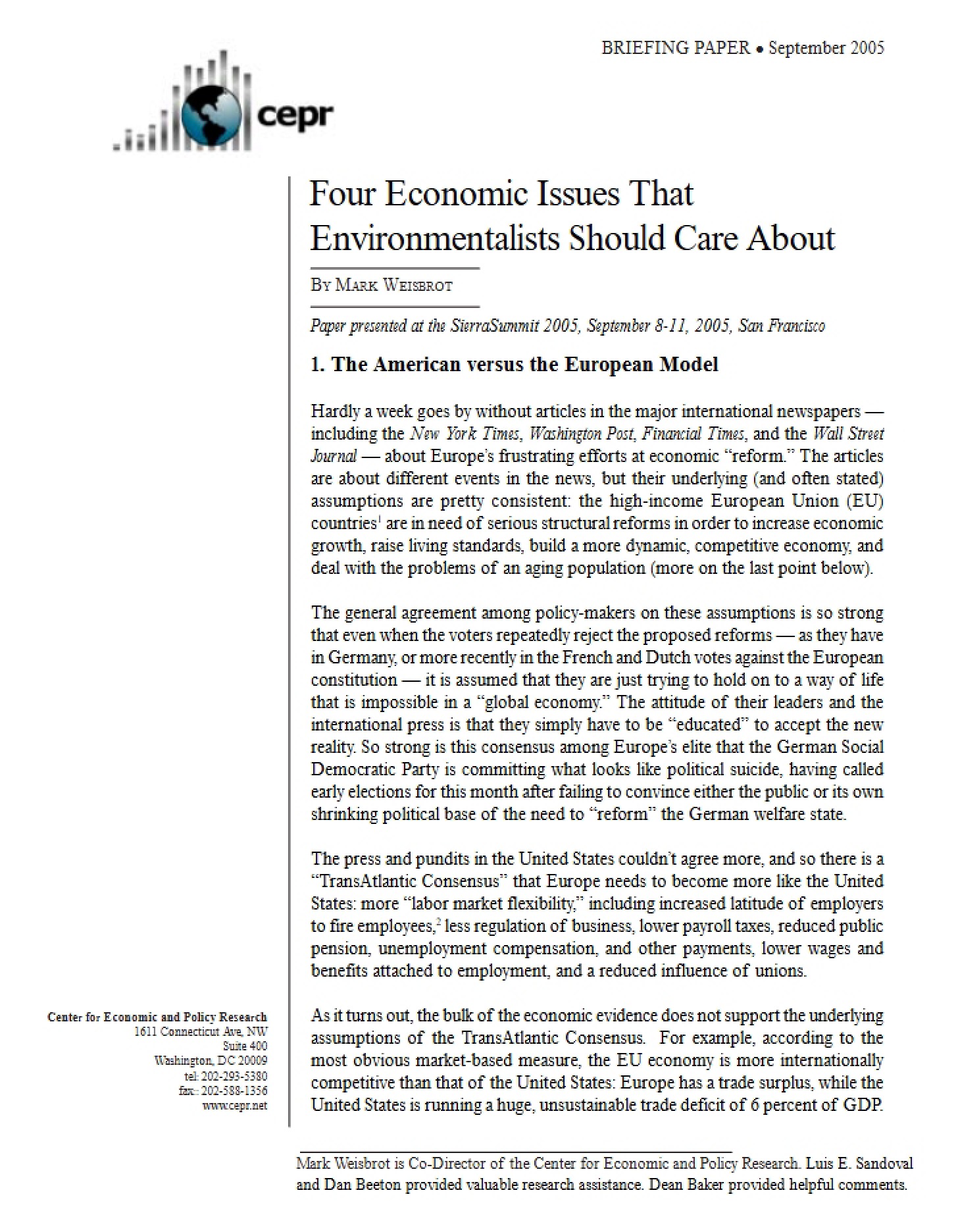 Environmentalists Four Key Economic Issues