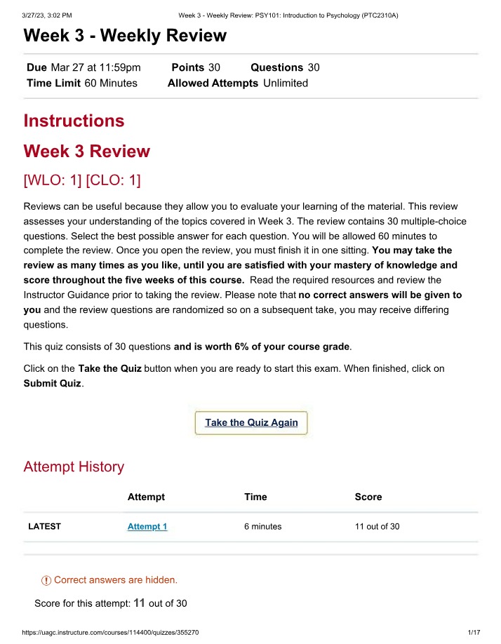 Weekly Review Quiz - Week 3 PSY 101