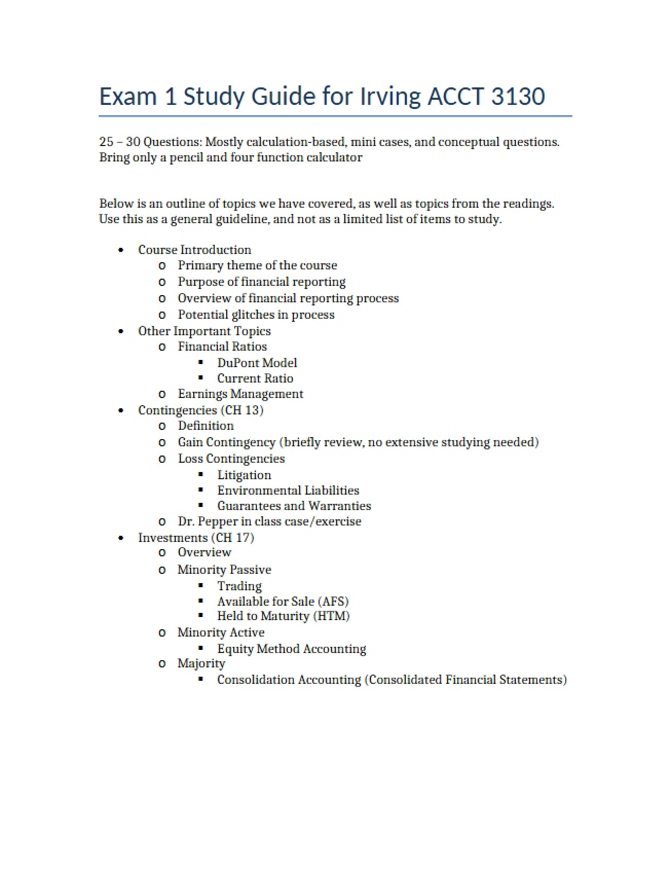 Study Guide for First Intermediate Exam