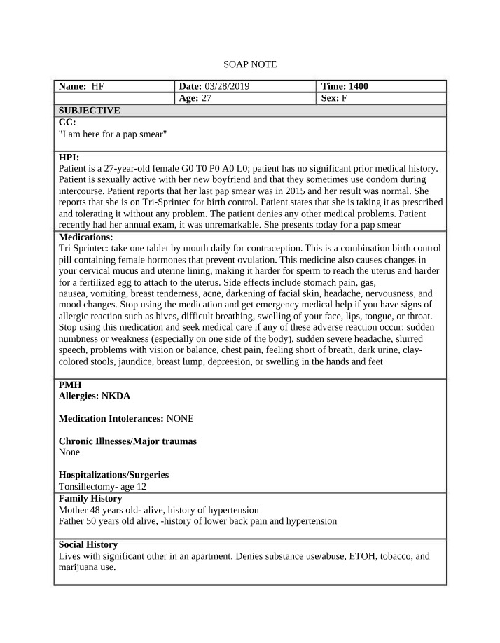 SOAP Note - Pap Smear and Contraceptive Surveillance