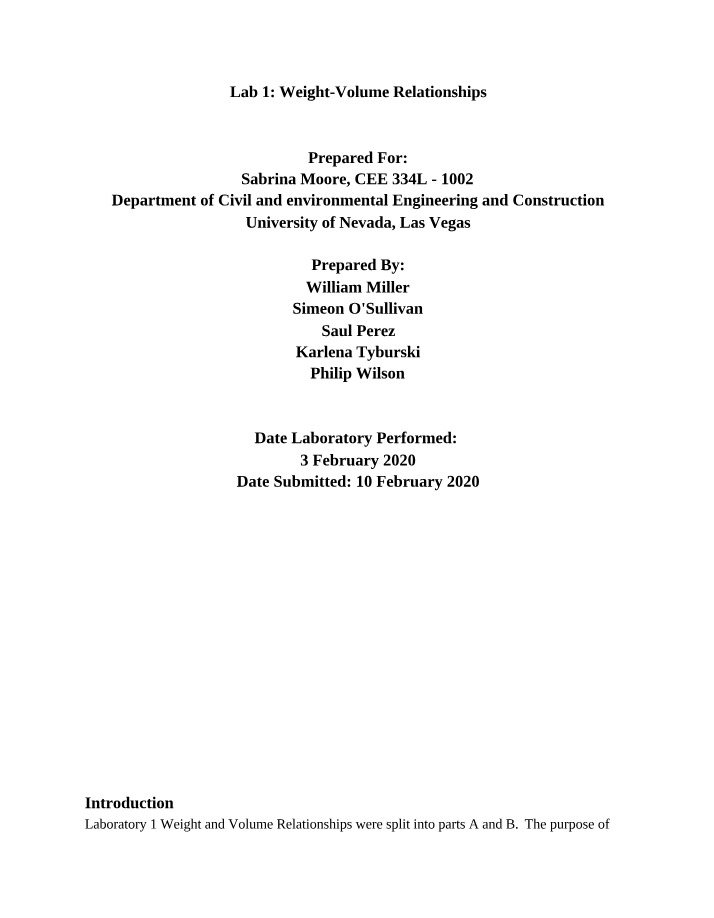 Weight-Volume Relationships and Density Calculations - Lab 1