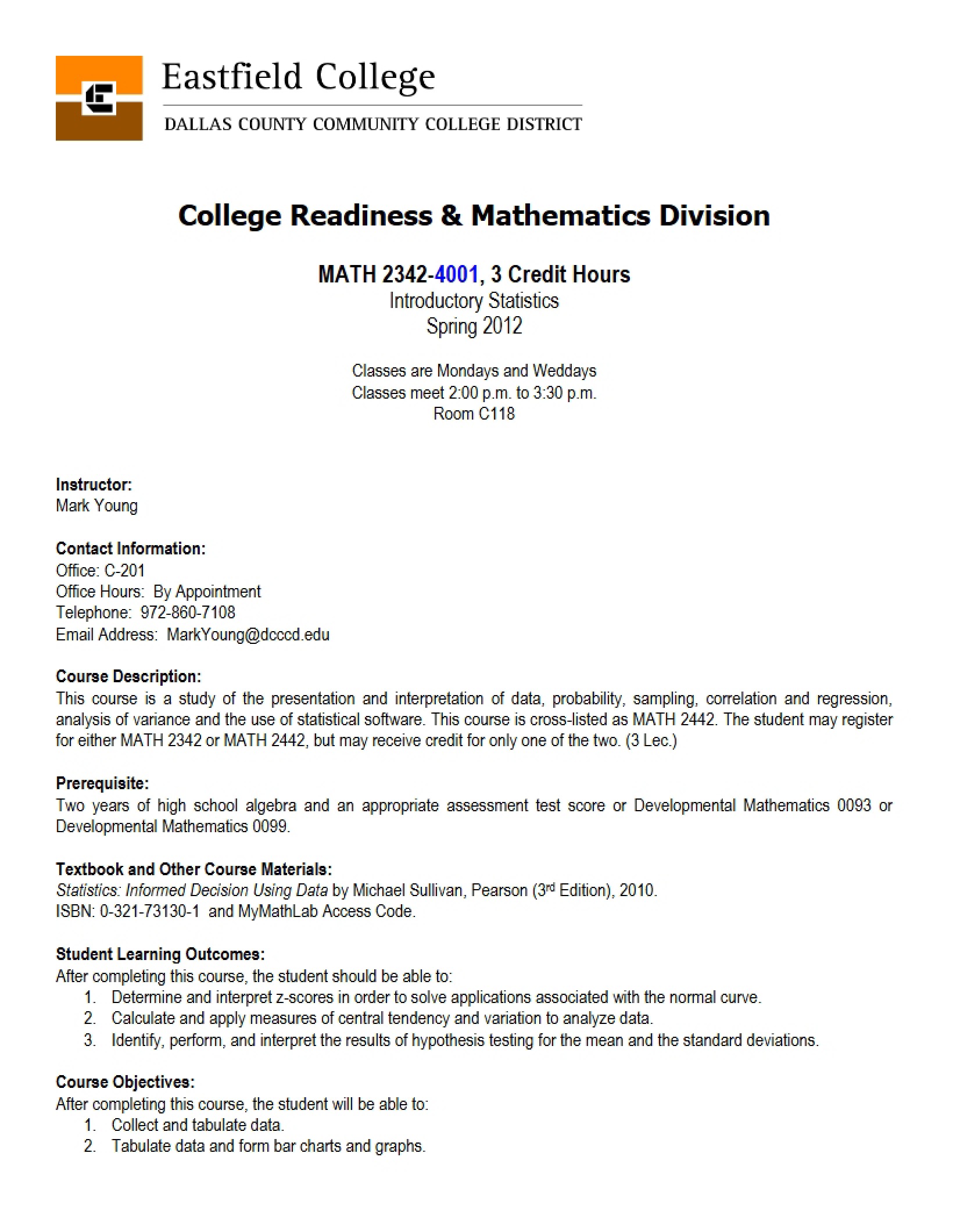 Elementary Statistical Methods Syllabus - MATH 2342
