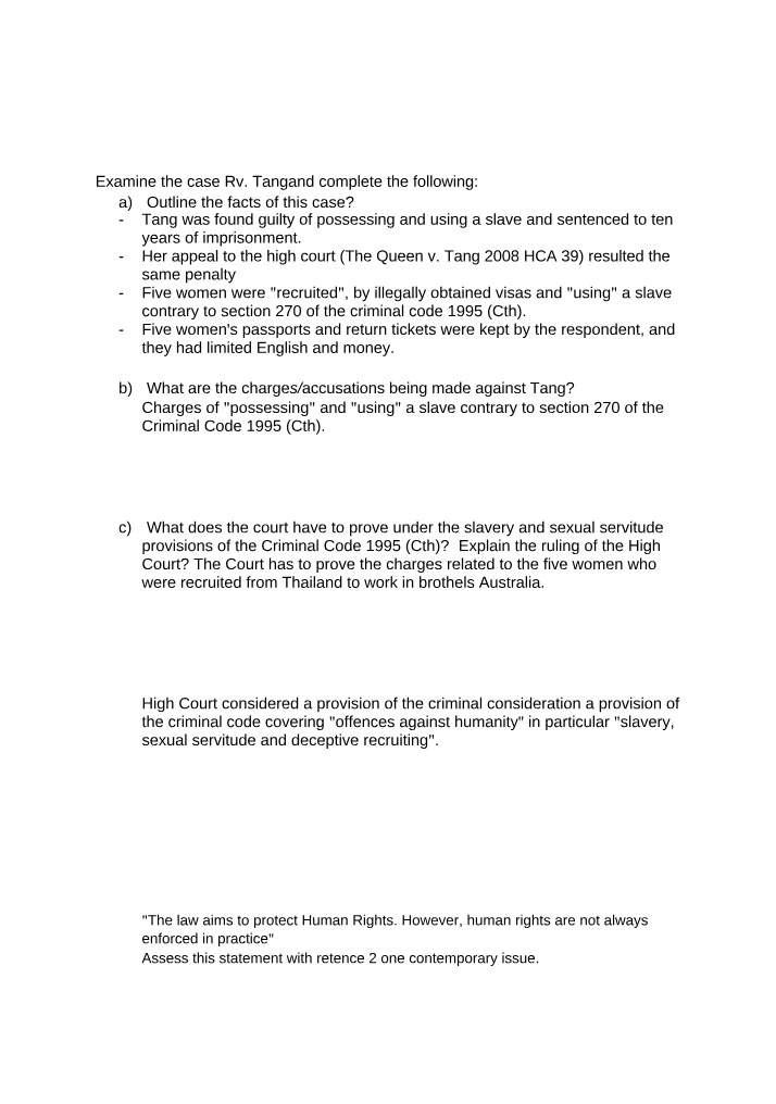 Case Rv Tang Analysis - Slavery and Human Rights Law Questions
