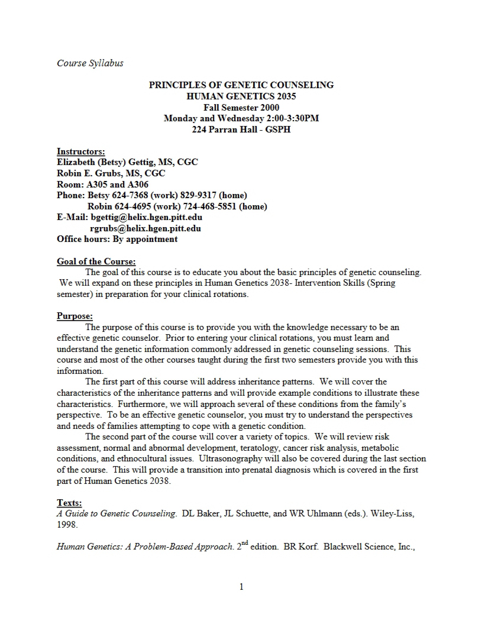 Genetic Counseling Principles Syllabus