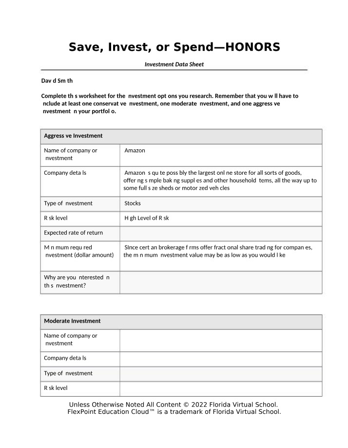 Data Sheet Template for Investment Honors