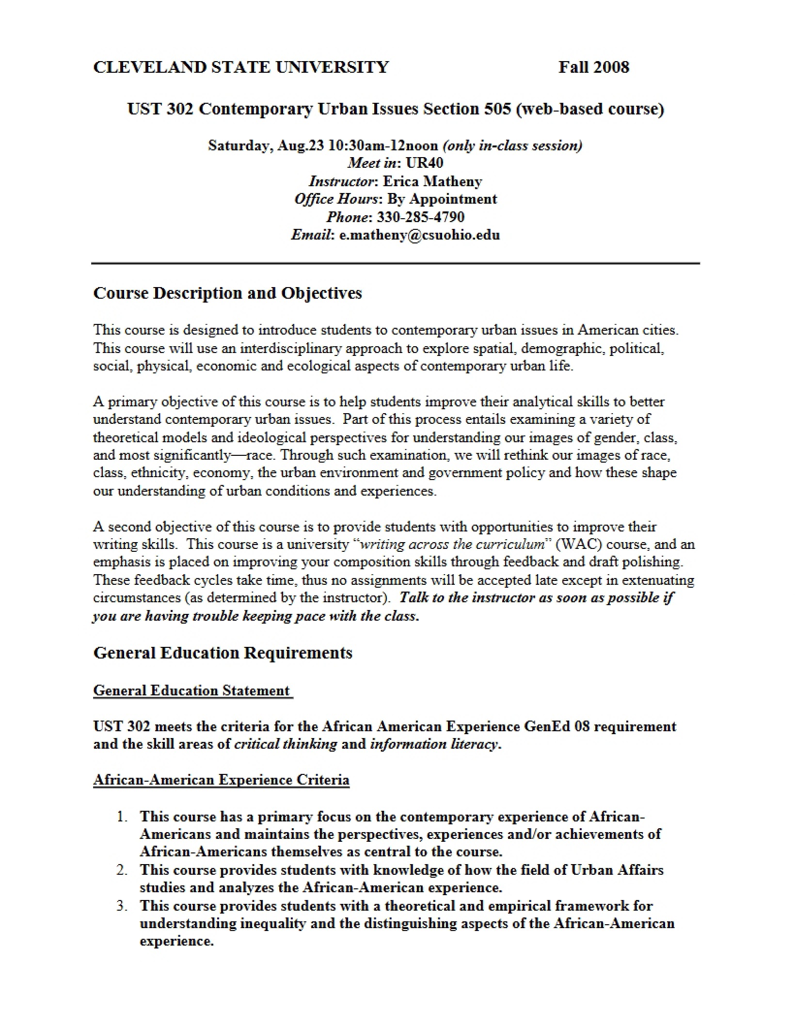 Urban Issues Course Outline