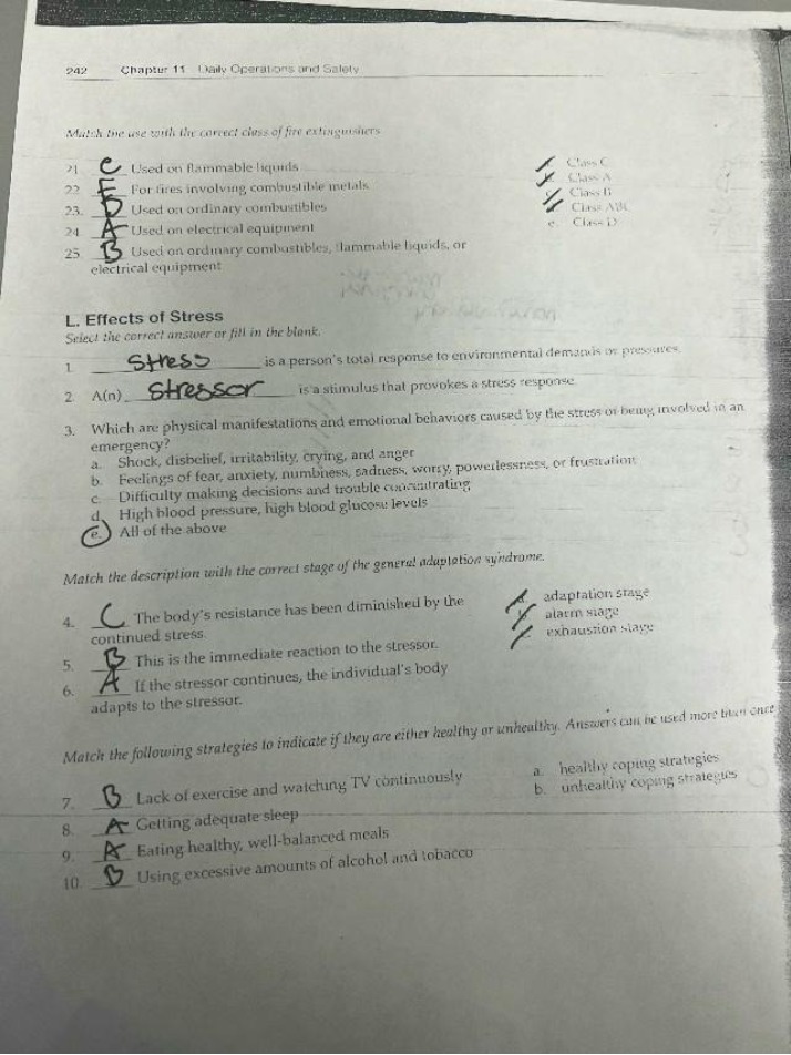 Quiz on Fire Extinguisher Classes and Stress Effects