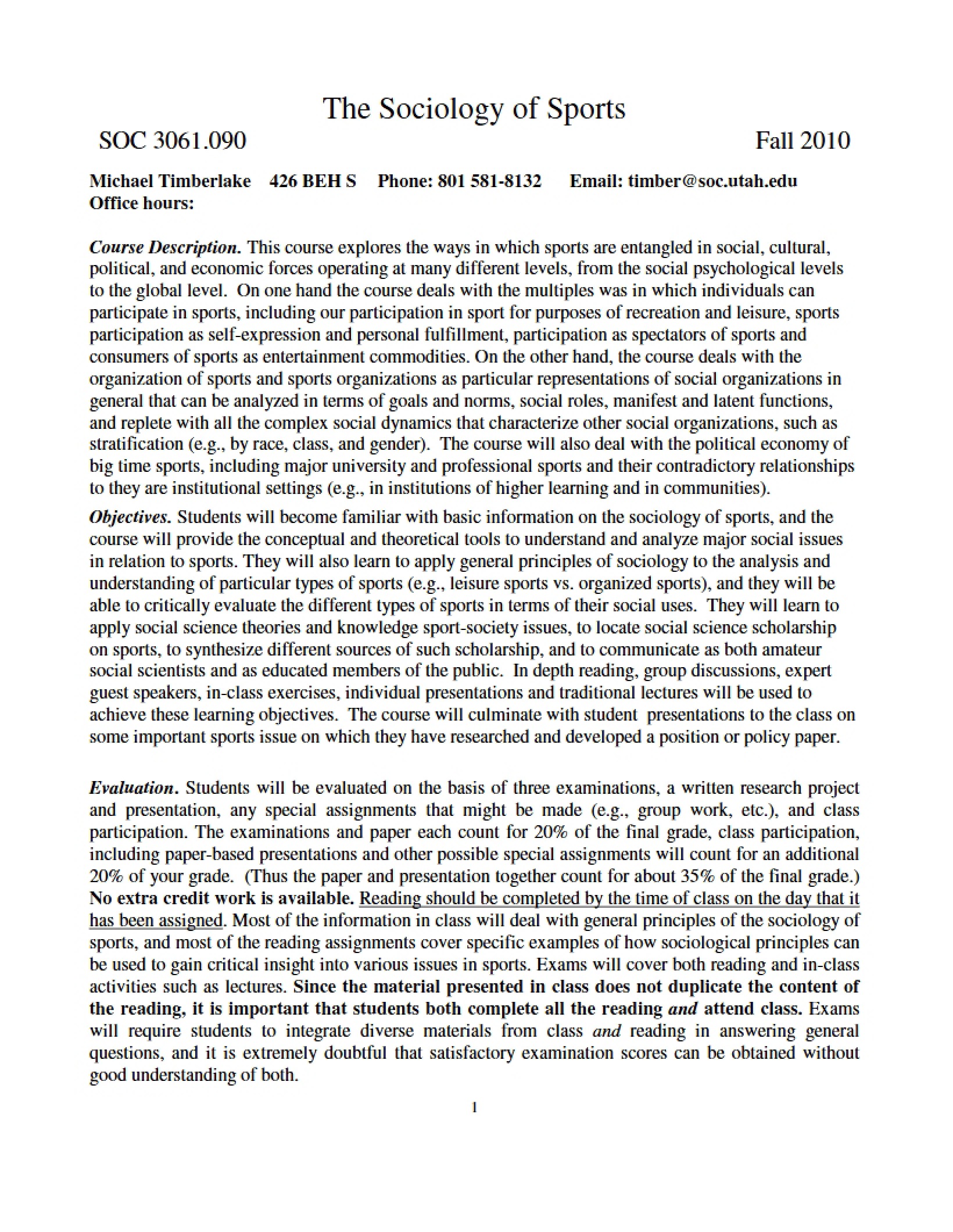 Syllabus for The Sociology of Sports