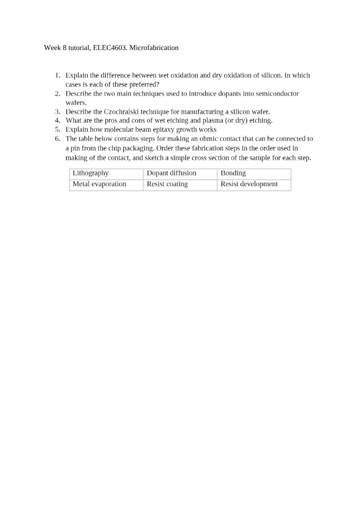 Week 8 Tutorial for ELEC4603 Microfabrication
