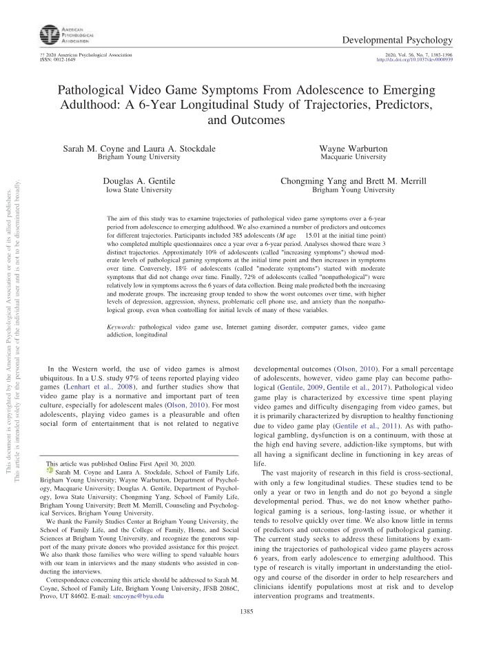 A 6-Year Longitudinal Study on Pathological Video Game Symptoms