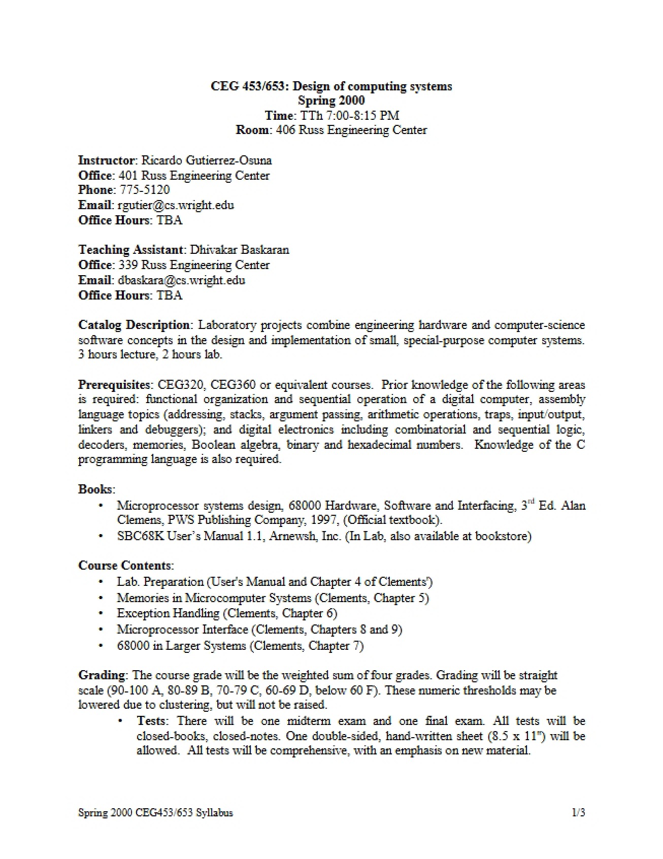Syllabus for Design of Computing Systems from Spring 2000