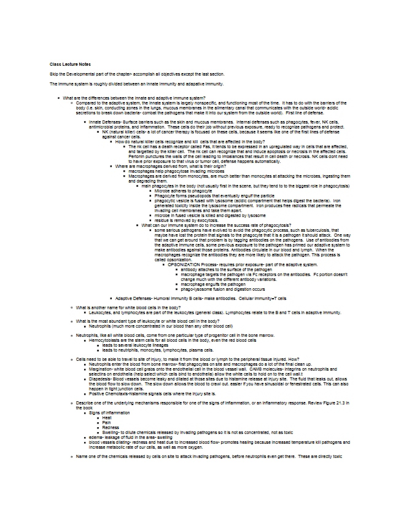 Class Lecture Notes for Introductory Physiology