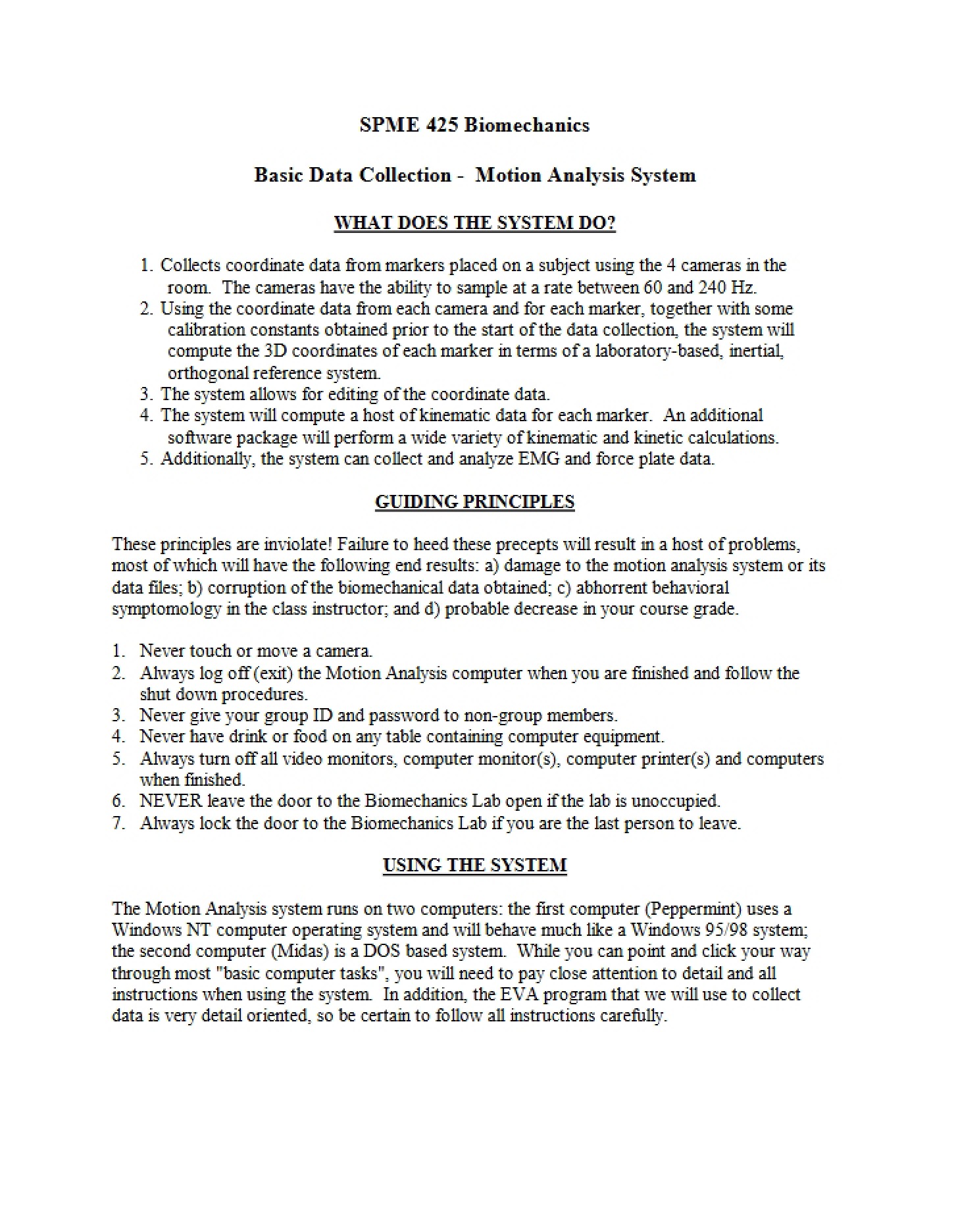 Motion Analysis System Data Collection