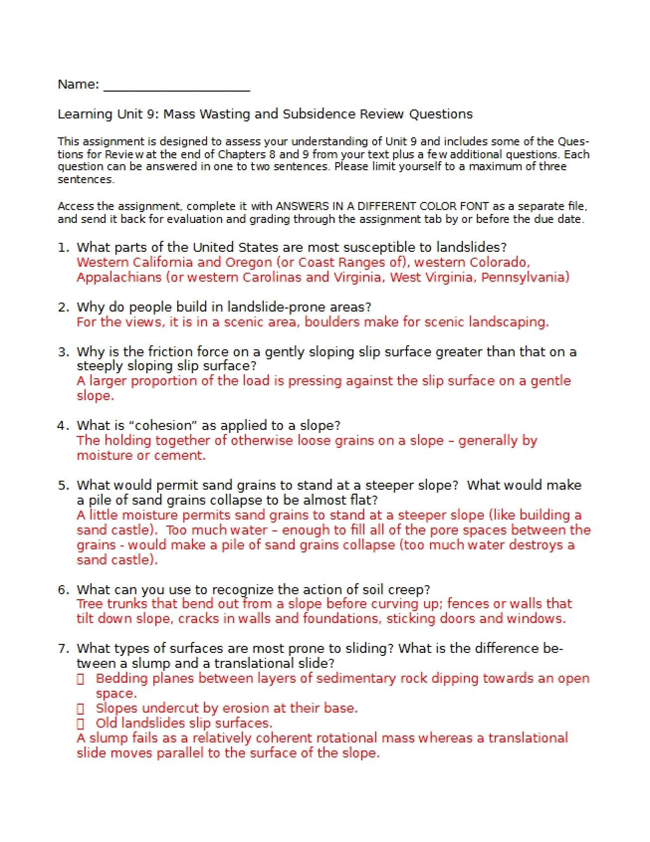 Key Subsidence and Mass Wasting Review Questions 2