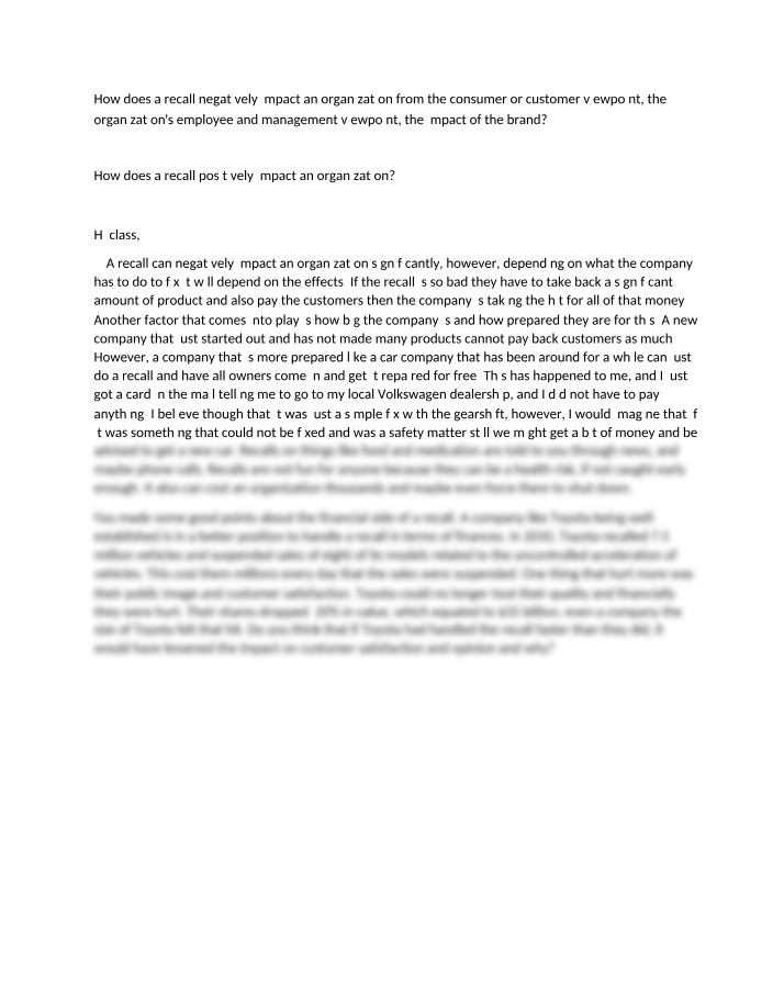 Consumer Impact of Recalls on Organizations