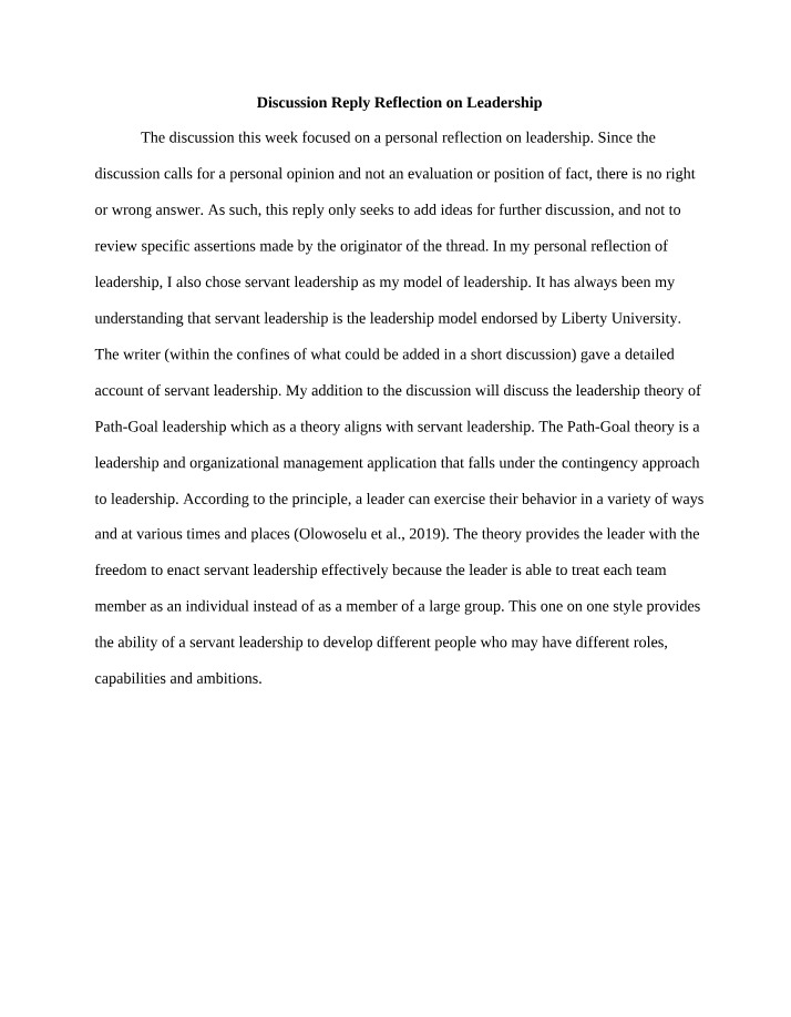 Week 8 Discussion Reply - Reflection on Leadership