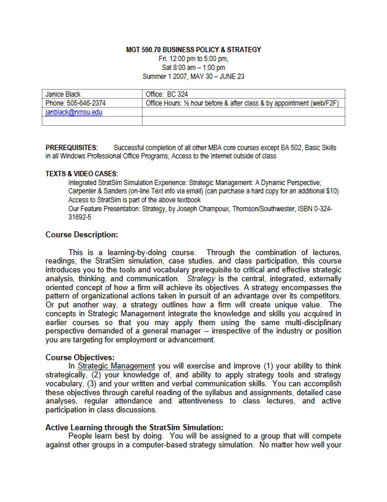 Strategic Management 590 Course Syllabus (M70)