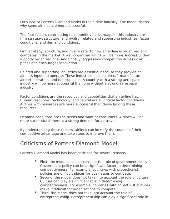 Porter's Diamond Model for the Airline Industry