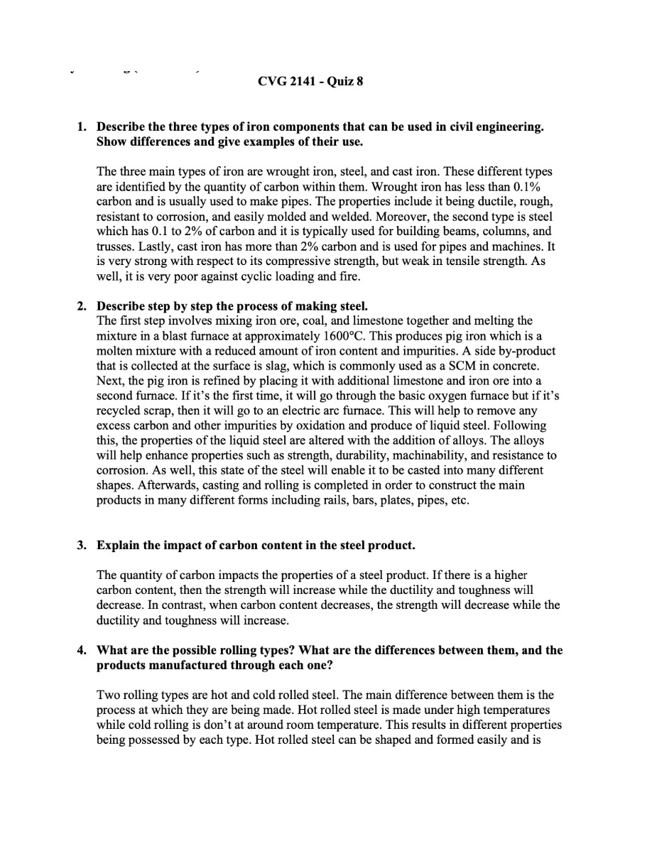 Quiz 8 for Civil Engineering Materials
