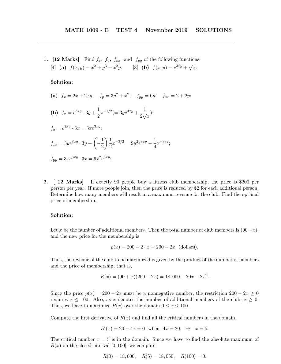 Test 4 Solutions - MATH 1009 E November 2019