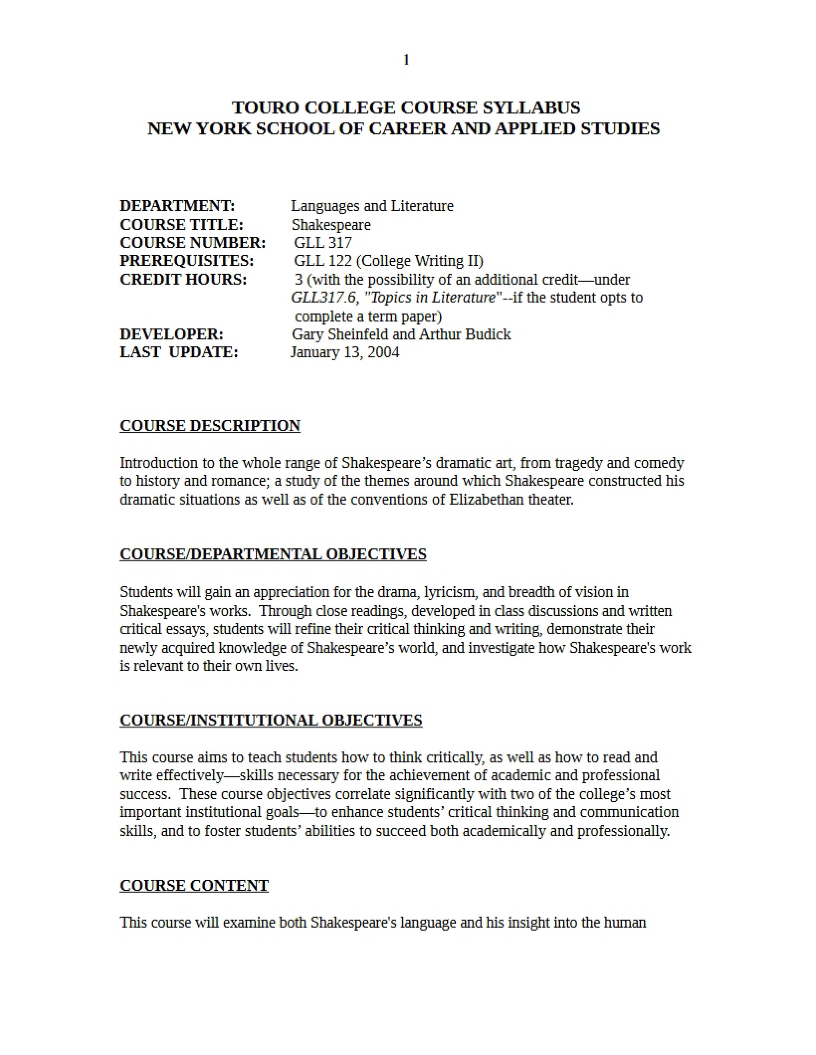 Shakespeare Course Syllabus