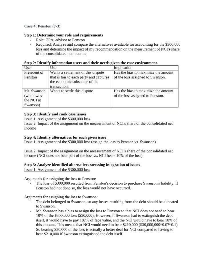 Case 4 Penston - $300,000 Loss Assignment Analysis
