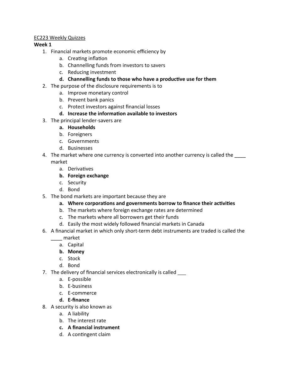 Weekly Quizzes for EC 223