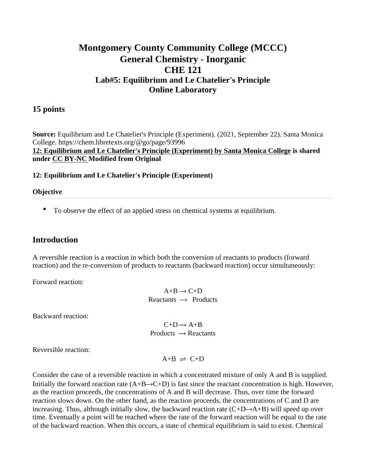 Le Chatelier's Principle and Equilibrium in Inorganic Chemistry