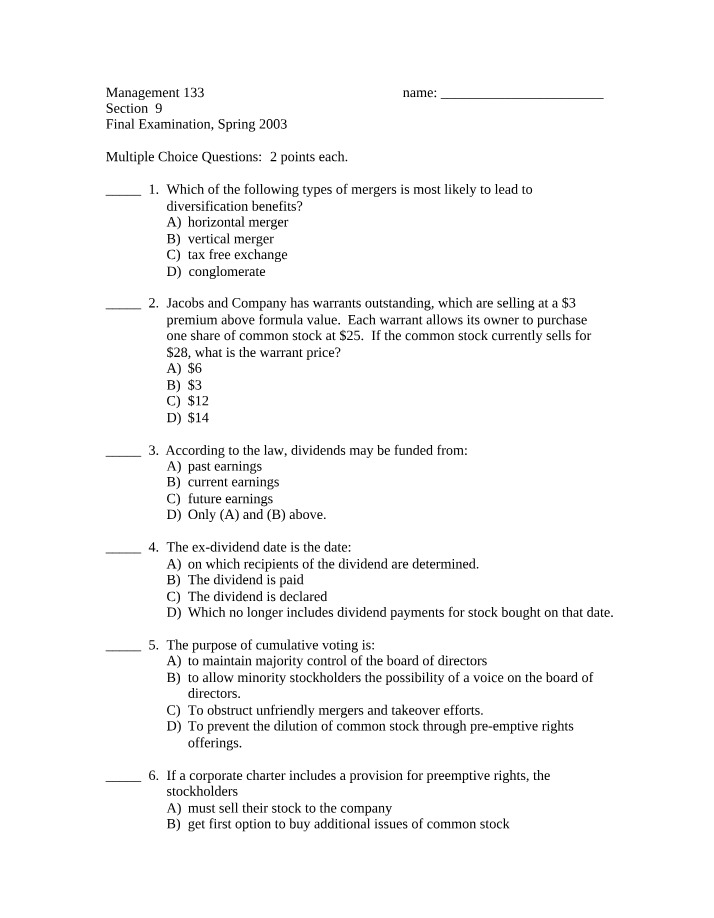 Management 133 Final Exam - Mergers and Dividends