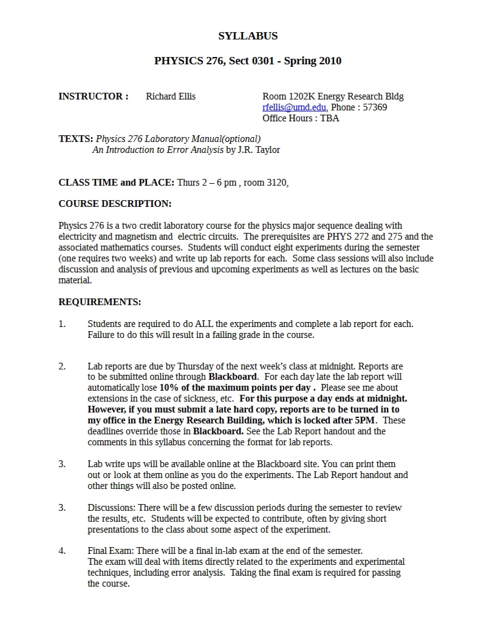 Electricity and Magnetism Lab Syllabus