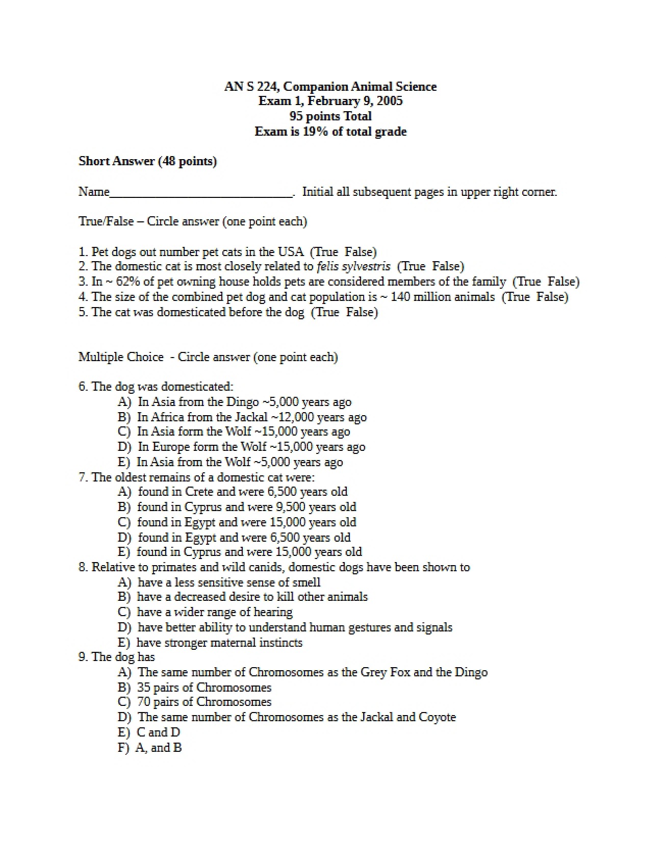 First Examination in Companion Animal Science from 2005
