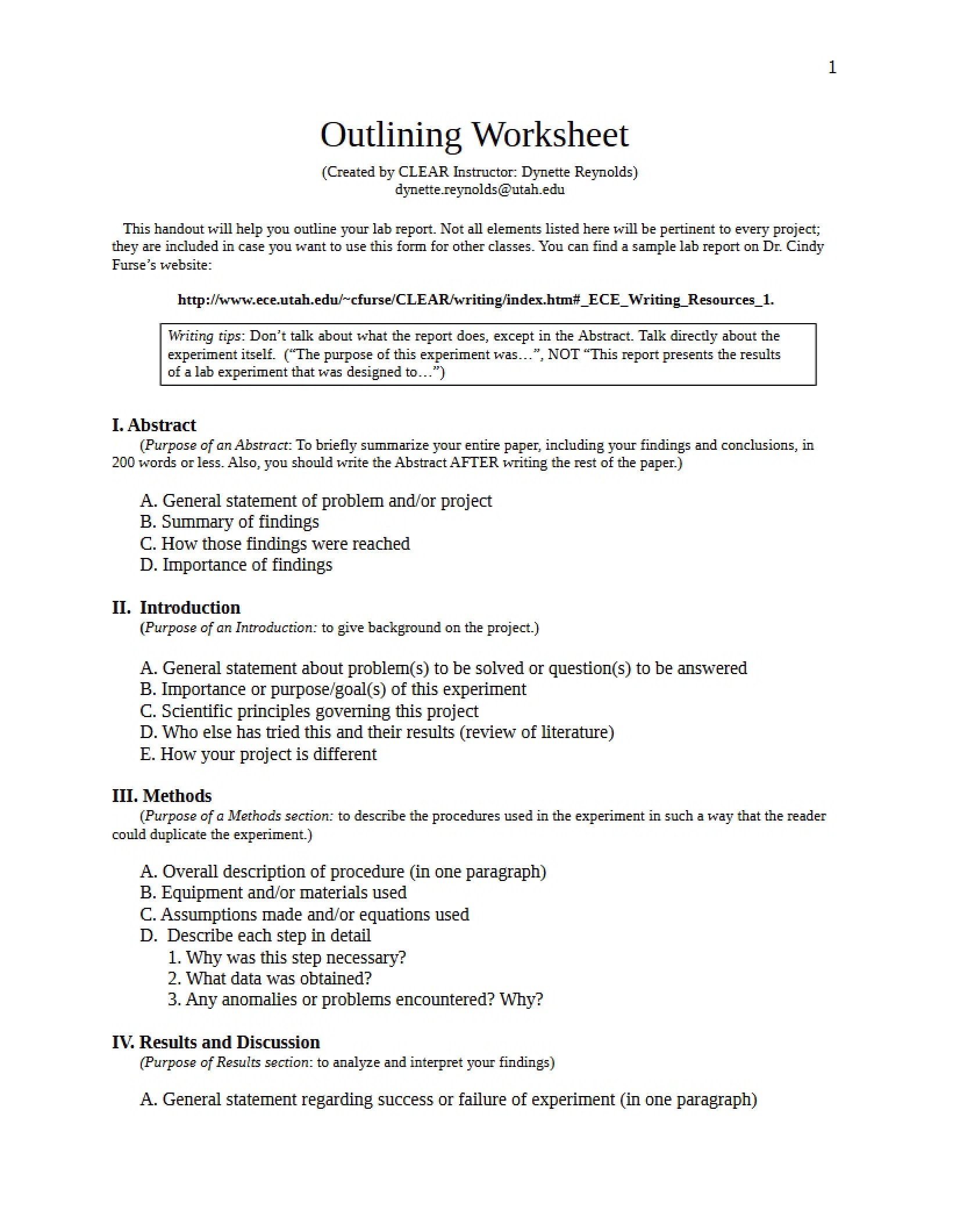 Worksheet for Outlining
