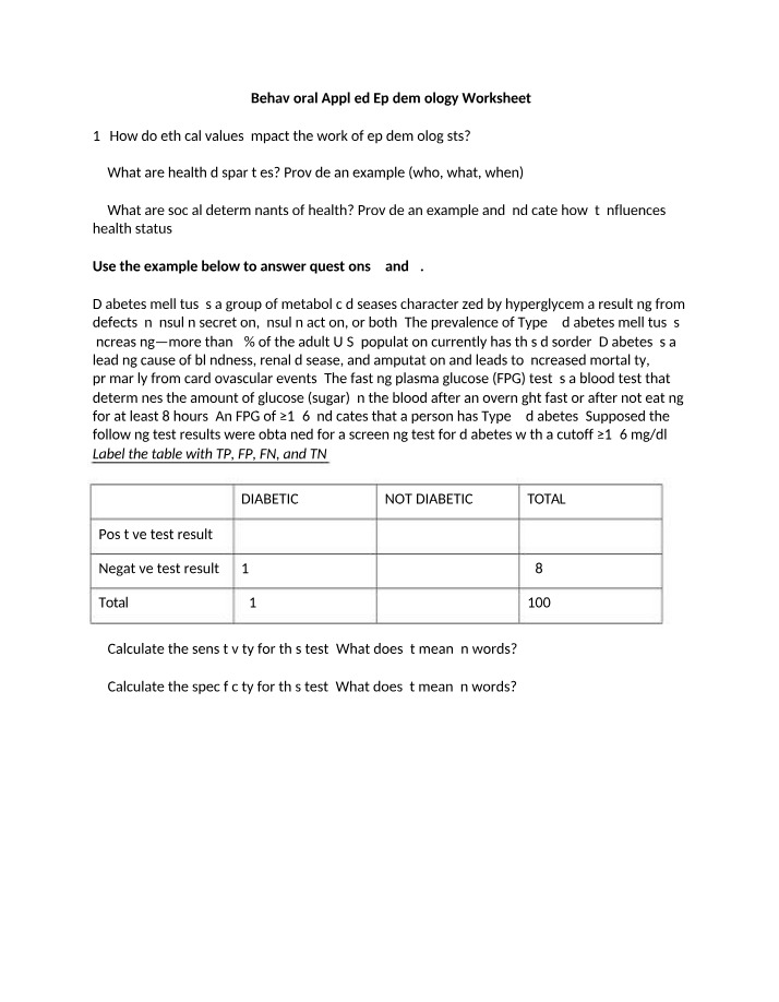 Worksheet on Behavioral Applied Epidemiology