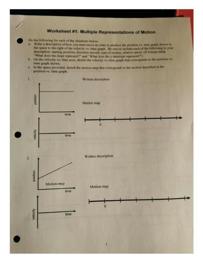 Worksheet #1 on Multiple Representations of Motion