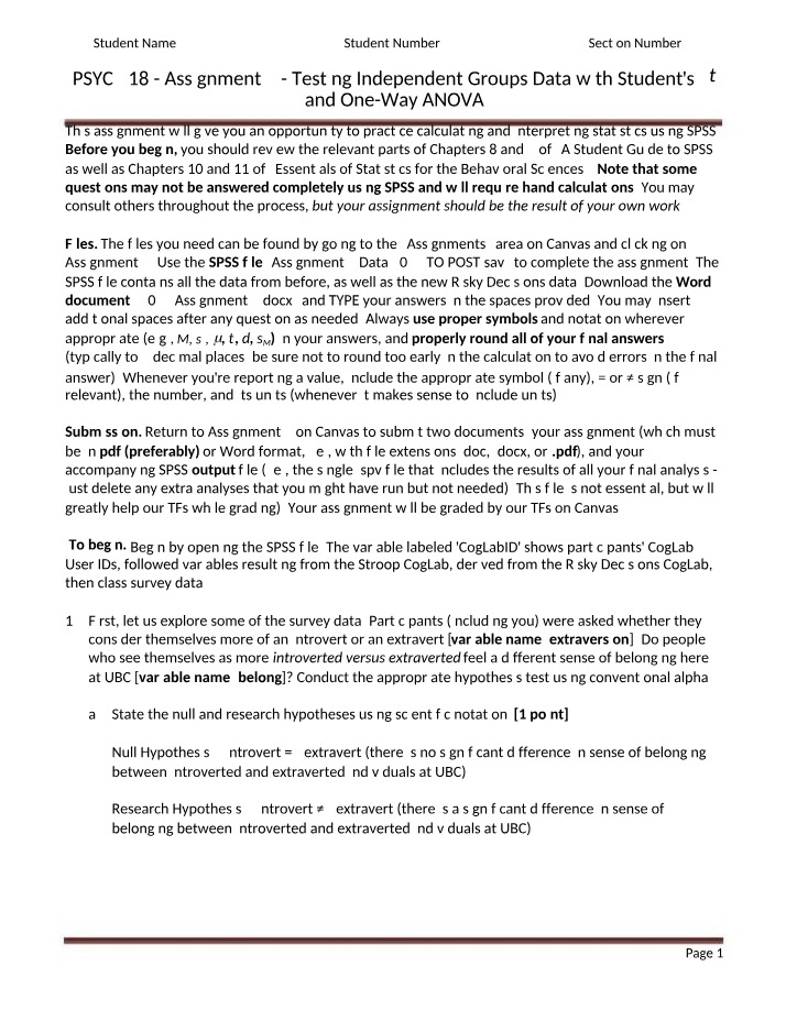 Testing Independent Groups Data - Assignment 4 - Student's t and One-Way ANOVA