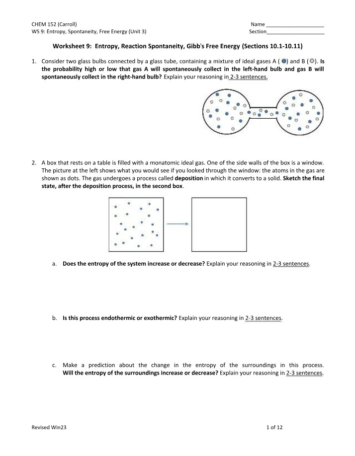 WS 9 - Entropy, Spontaneity, and Free Energy (CHEM 152 Unit 3)