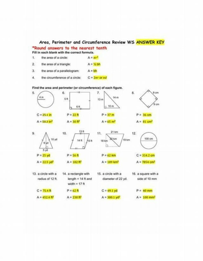 Answer Key for Area, Perimeter, and Circumference Review