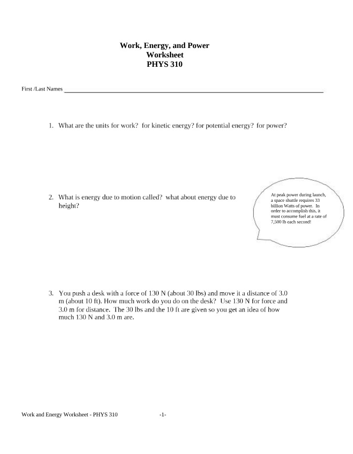 Worksheet - Work, Energy, and Power